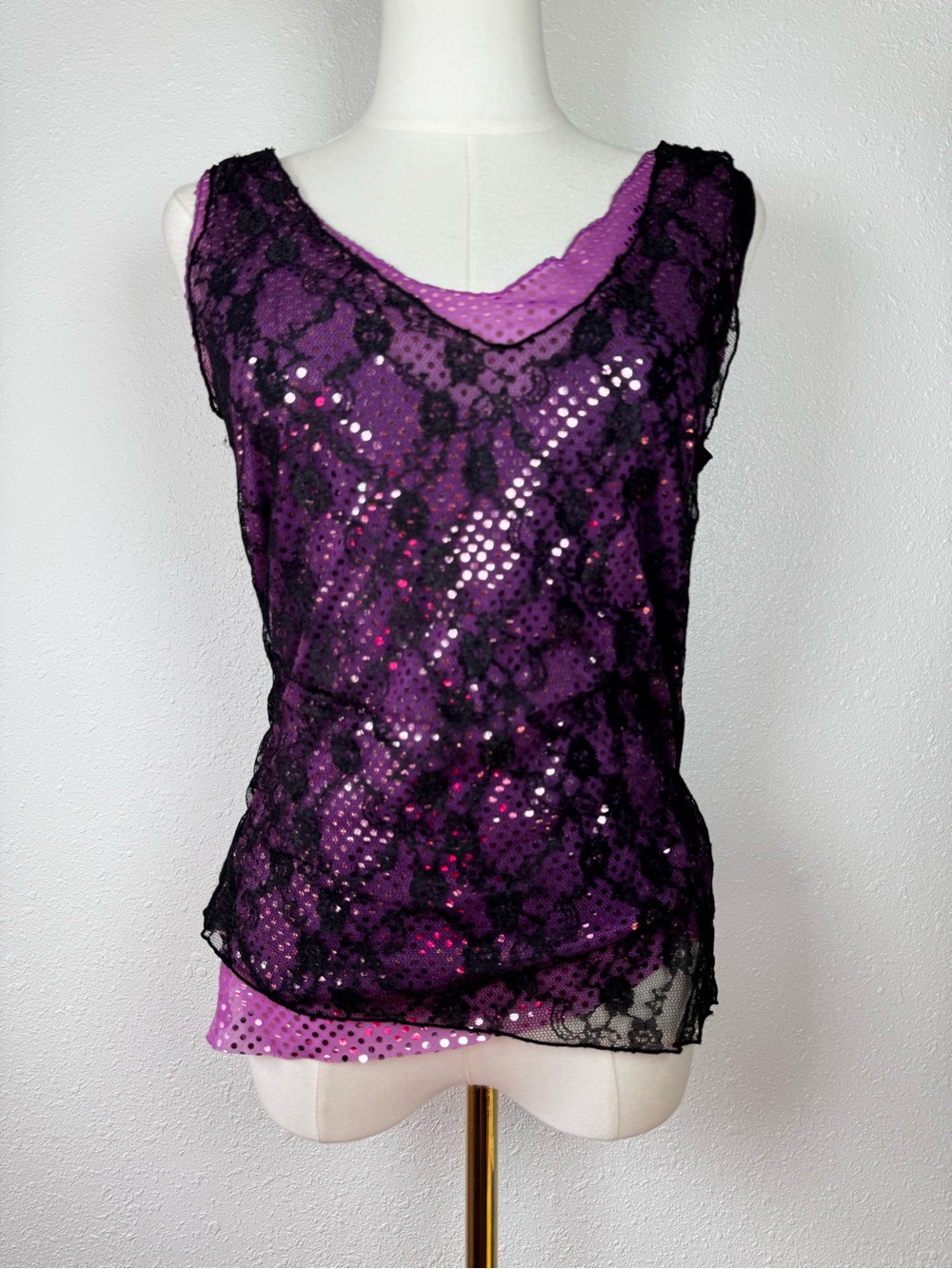 DKNY Jeans Y2K Purple Lace Sequin Layered Tank Top Medium Whimsigoth Fairy